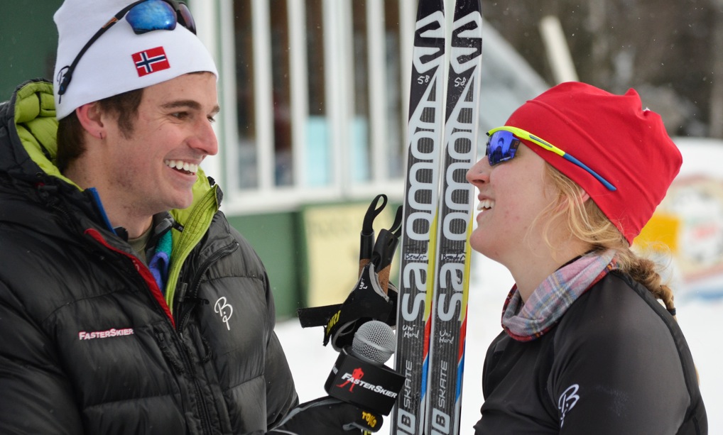 FasterSkier's Lander Karath interviews Jenny Bender during our live broadcast of the SuperTour in Craftsbury. (Photo: John Lazenby)